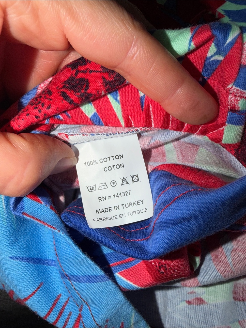 Vera Largo Tropical Floral Palm Print Tee Bright Blue Red Size S - Picture 6 of 6